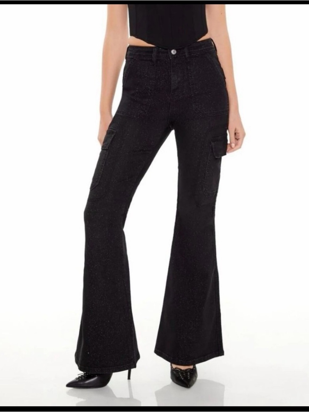 Forever 21 Premium High Rise Flare Cargo Jeans Black Sparkle Glitter Size 24 NWT